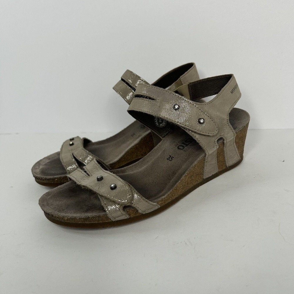 Mephisto Grey Metallic Sandals Strappy Low Wedge - Picture 3 of 6